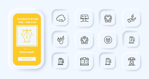 Экологически чистые источники электроэнергии значок набора эко солнечная батарея штекер углекислого газа водородный аккумулятор электрическая башня технологическая концепция неоморфизм ui экраны приложений телефона значок векторной линии