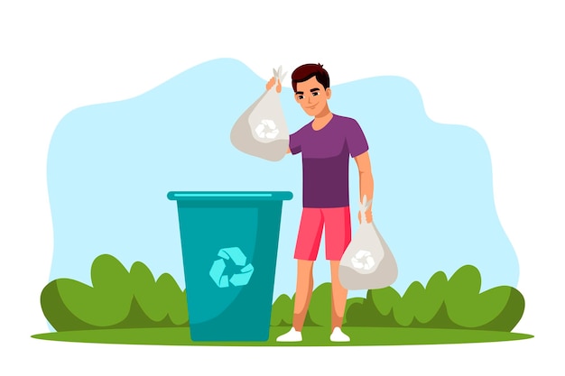 Vector eco friendly sports man throws collected waste into recycling container volunteer ecological protection healthy lifestyle and environmental care