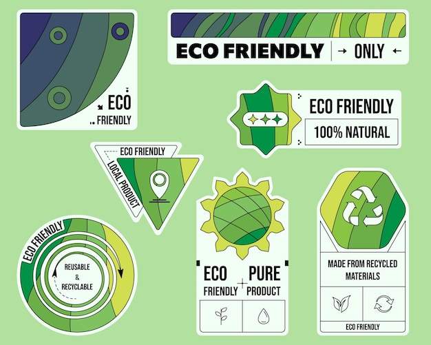 eco friendly sticker set for printing packaging label symbols and icons confirming the purity and quality of the product and recycled use artistic drawing vector illustration