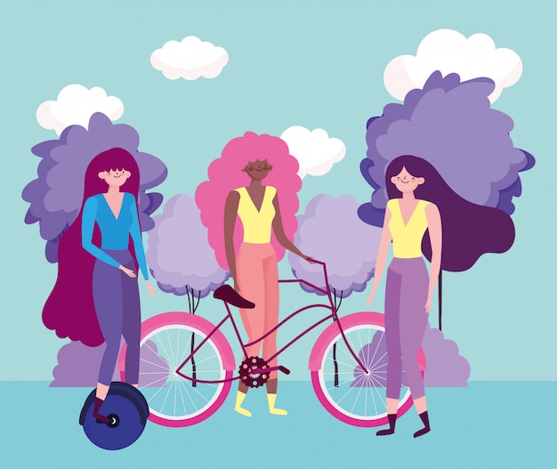 Vector eco friendly transport, group women with unicycle and bicycle cartoon characters illustration