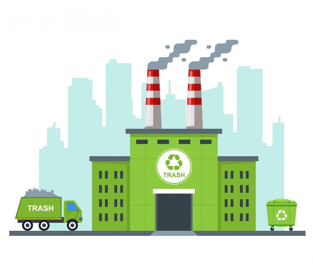 eco garbage recycling plant. carry waste on a truck. flat illustration