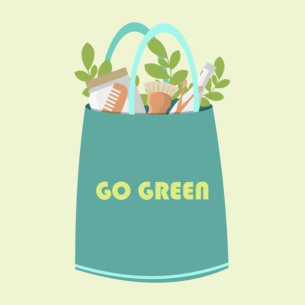 벡터 텍스트 벡터 일러스트와 함께 에코 그린 가방 레터링이 있는 재사용 가능한 쇼핑백 go green ecology shopping 핸드백 with 타이포그래피