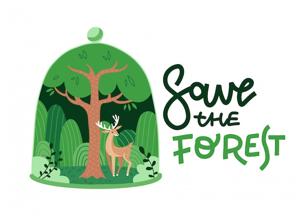 Modello verde del fondo della foresta della natura di eco. foresta decidua con un cervo a forma di cupola di vetro. pianta all'interno della campana di vetro. salvare il concetto di idea creativa ecologia lettering foresta. illustrazione piatta.