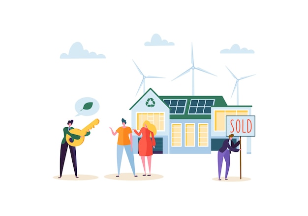 Вектор Концепция эко-дома с счастливыми людьми, покупающими новый дом. агент по недвижимости с клиентами и ключом. экология зеленая энергия, солнечная и ветровая энергия.