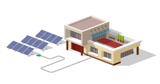 Vector eco house connected to solar panels plant