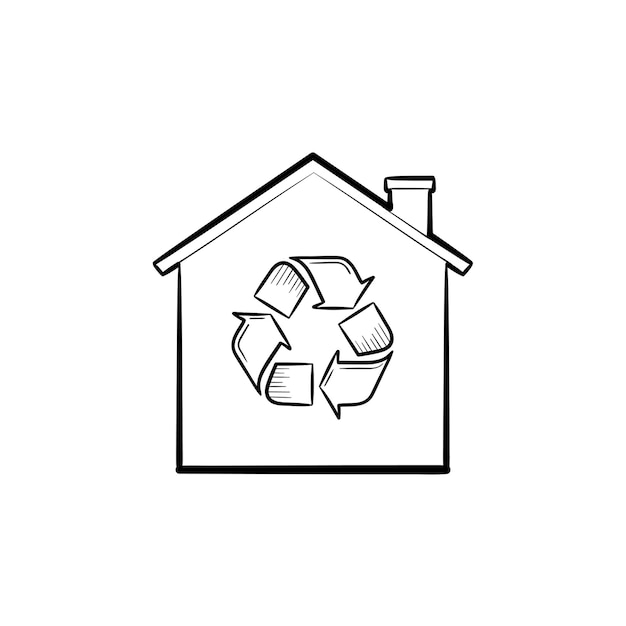 Eco huis met recycling symbool hand getrokken schets doodle pictogram. Ecologie, natuurbescherming, recycle concept