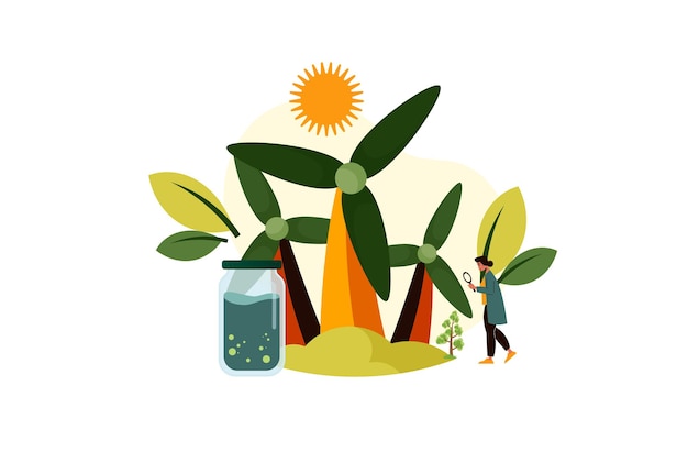 Eco illustration for web. people sorting waste and use eco bag and reusable cup.