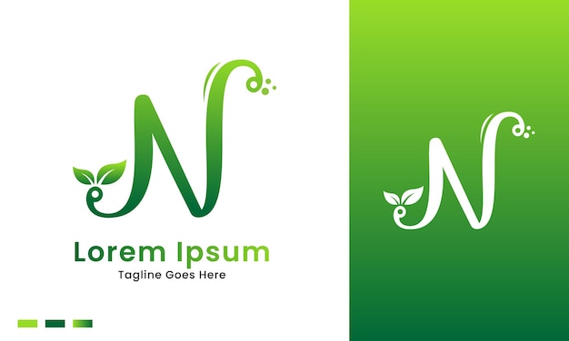 Eco initial letter n with gradient nature green leaf logo icon and illustration design