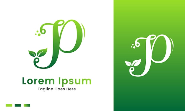 Eco initial letter p with gradient nature green leaf logo icon and illustration design