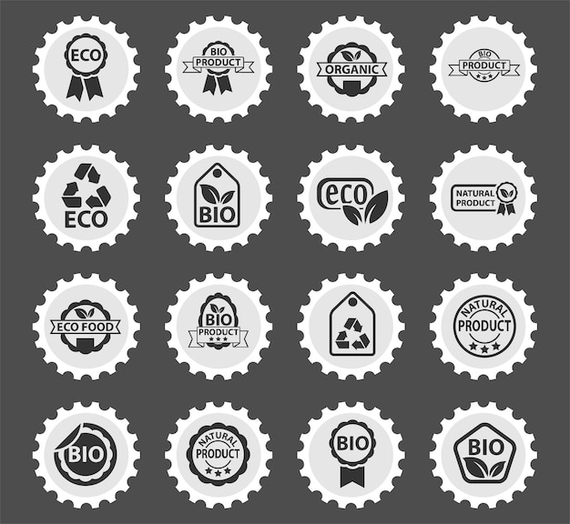 Eco label symbolen op een ronde postzegel gestileerde pictogrammen