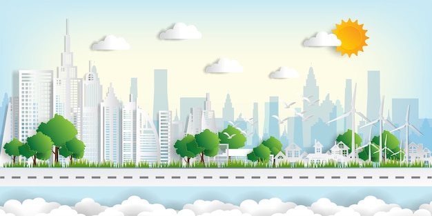 Vector eco landscape with buildings in paper cut