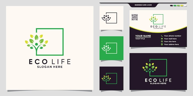 Eco leven mensen boom logo met vierkante lijn kunststijl en visitekaartje ontwerp premium vector
