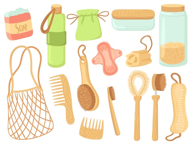 Eco-levensstijl Geen afvalelementen voor een schoon leven Zelfhygiëne en keukenartikelen Houten plastic en glazen recipiënten stoffen tas voor voedsel nette vectorelementen