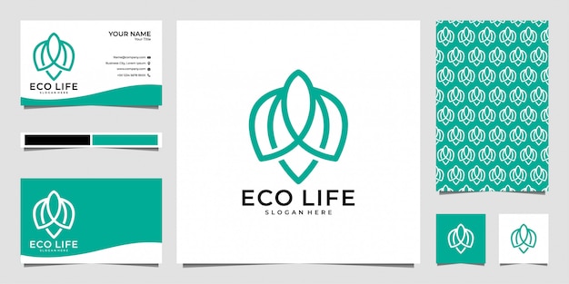 Vector eco life line art style logo design, business card and pattern