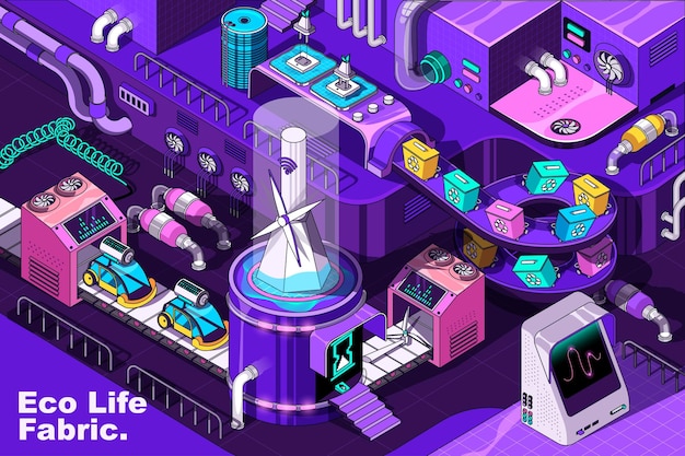 Eco life web concept in 3d isometrisch ontwerp Groene elektriciteit en auto's sorting en recycling van afval Abstract stof productielijn in isometrie grafisch voor bedrijfsposter Vector illustratie