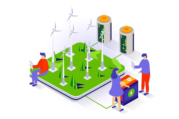 Concetto di stile di vita ecologico nel design isometrico 3d le persone usano la stazione delle turbine eoliche per generare elettricità verde e caricare e ricaricare la batteria illustrazione vettoriale con scena isometrica per grafica web