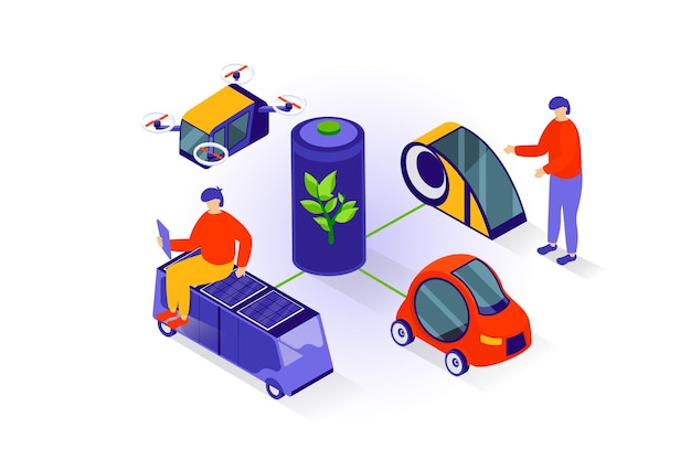 Eco lifestyle concept in 3d isometric design People using clean green energy with recharge battery for charging electric cars and drones Vector illustration with isometry scene for web graphic