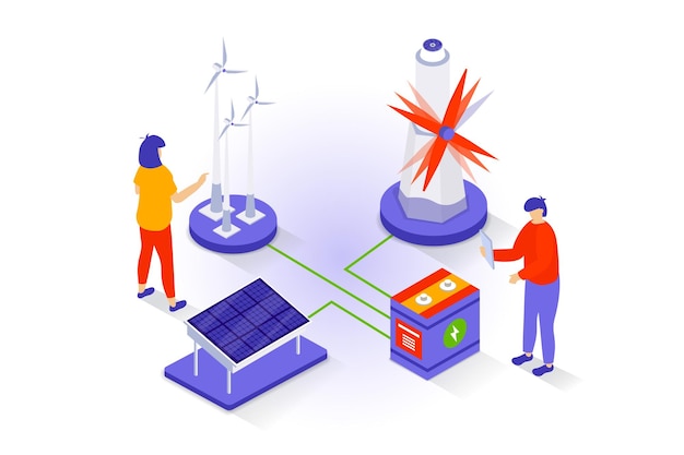 Eco lifestyle concept in 3d isometrisch ontwerp Mensen die windturbines en zonnepanelen gebruiken voor het opwekken van groene energie zorgen voor natuurlijke hulpbronnen Vectorillustratie met isometriescène voor webafbeelding