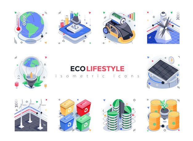 Vector eco lifestyle isometric icons set global climate change alternative energy sources waste sorting