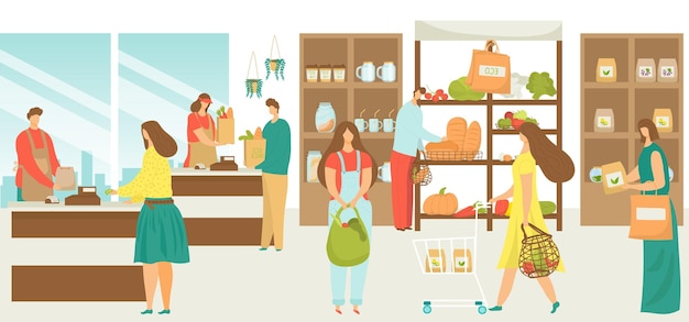 Eco market grocery with organic food and vegetable cartoon people in store vector illustration flat