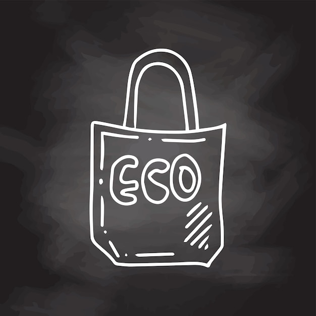 Eco material bag on a chalkboard background Eco concept Hand drawn vector outline doodle icon