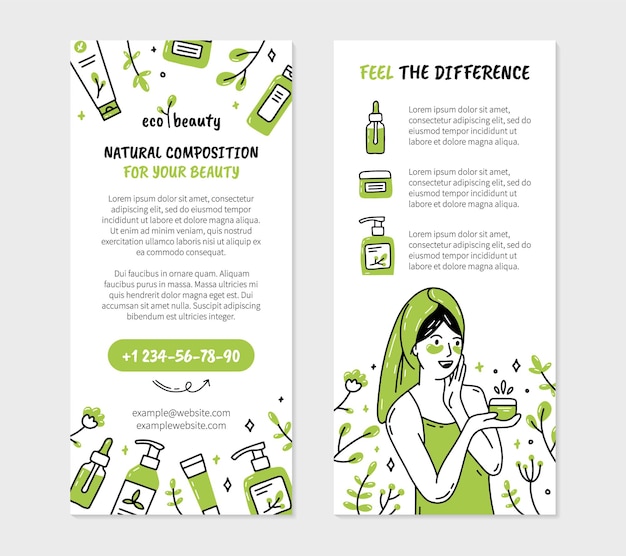 Eco organic cosmetics flyer with woman