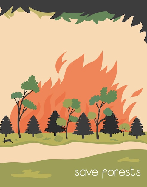 Vettore eco poster salva foreste alberi in fiamme e animali in fuga