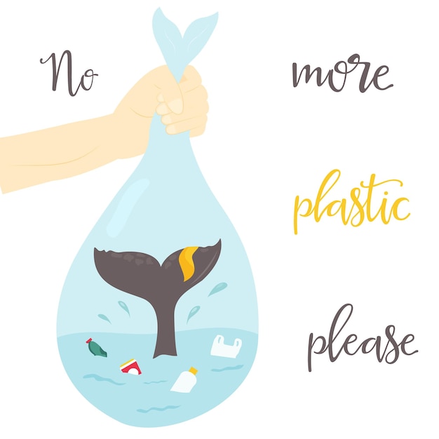 Vettore poster ecologico balena all'interno del sacchetto di plastica e spruzzi d'acqua con i rifiuti protezione dell'ambiente niente più plastica