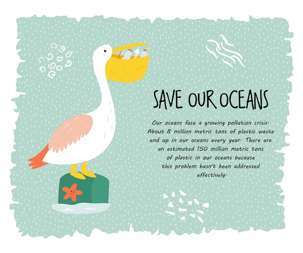 Eco poster with pelican Stop plastic pollution