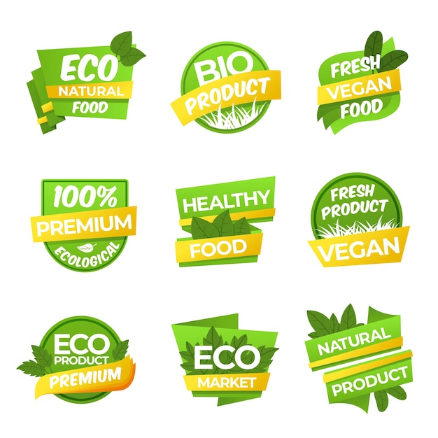 Eco product sticker organic tag vegetables nature labels healthy bio vegan natural symbols fresh vegetarian food badge design recent vector banners