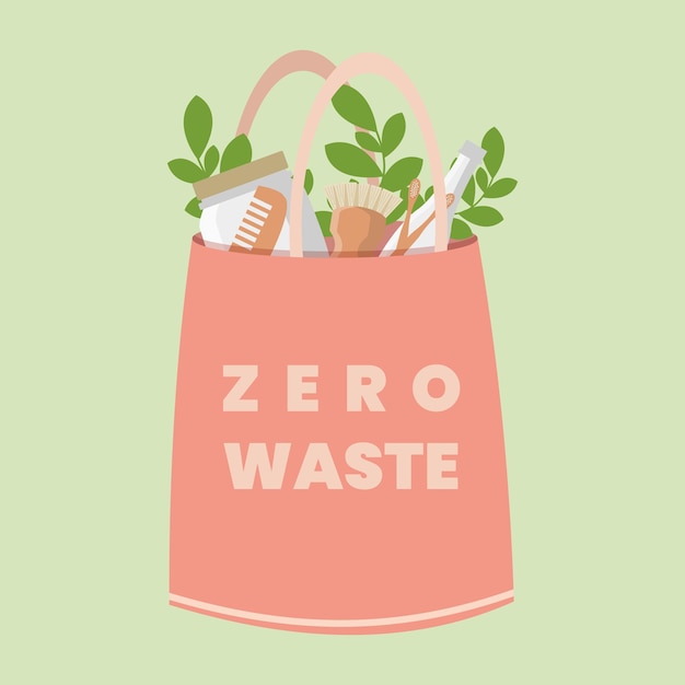 에코 제품과 나뭇잎이 있는 에코 레드 백 타이포그래피 벡터 일러스트레이션이 포함된 Zero Waste Ecology 쇼핑 핸드백 문자가 포함된 재사용 가능한 쇼핑백