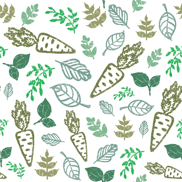 Eco seamless hand drawn pattern. bio food, organic. carrot and leaves green background. vector  illustration