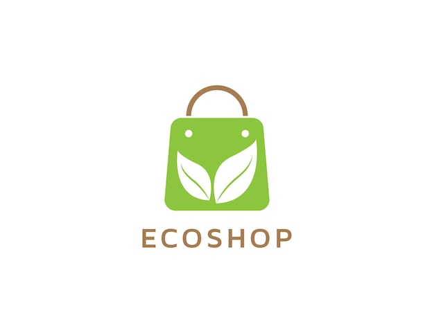 쇼핑백과 잎 삽화가 있는 에코 샵 로고