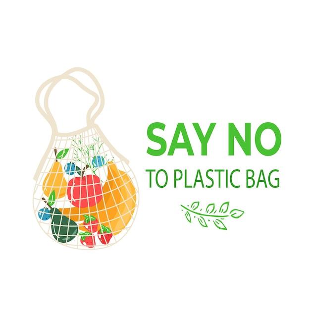야채 과일과 건강 음료가 포함된 에코 쇼핑백 재사용 가능한 친환경 쇼핑 네트의 유제품 폐기물 플라스틱 무료 개념 플랫 트렌디한 디자인