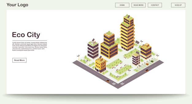 Eco stad webpagina vector sjabloon met isometrische illustratie bestemmingspagina