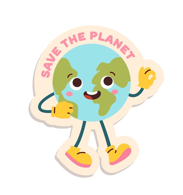 Eco sticker concept Save planet inscription with planet Care about nature and ecosystem Graphic element for website Cartoon flat vector illustration isolated on white background