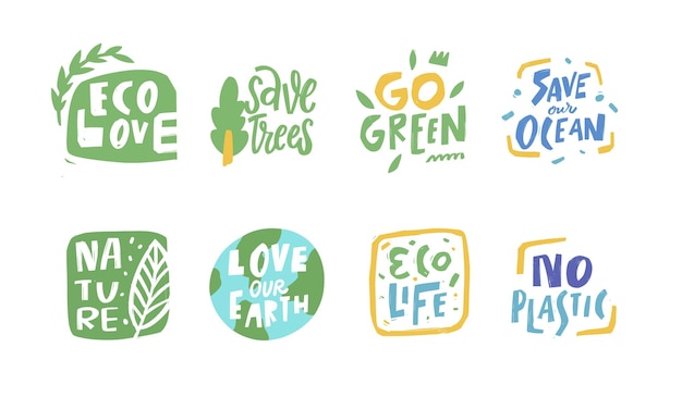 Eco stickers lettering phrases set. Hand drawn colorful cartoon style.