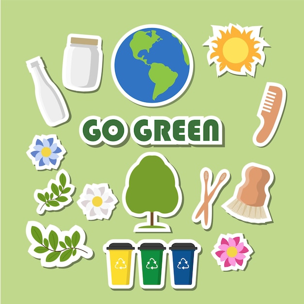 Eco stickers met belettering Go Green Poster kaart label en banner ontwerp ecologie thema Vector illustratie