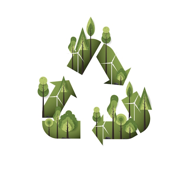 Eco-stijl groen bos op recycle symbool achtergrond ontwerp voor een papieren vectorillustratie