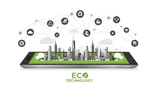 Tecnologia ecologica con telefono cellulare o concetto ambientale moderna città verde ecofriendly urban