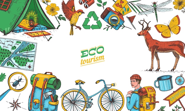 エコツーリズムのポスターやバナー エコフレンドリーな観光 背包とテント 野生の自然自転車