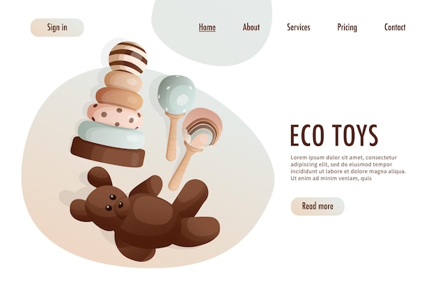 木のおもちゃのセットを含むエコおもちゃ web ページ木製スタッキング ピラミッド ガラガラおもちゃテディベア ベクトル