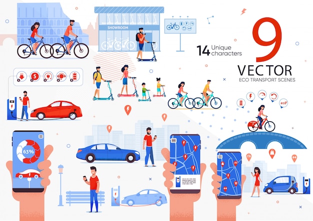 Vector eco transport for city people scenes set