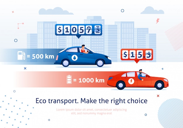 Eco transport. make right choice. electric engine car petrol motor auto comparison