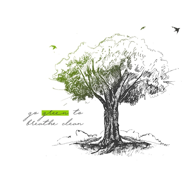 Eco tree with text of go green to breath clean hand drawn sketch vector illustration