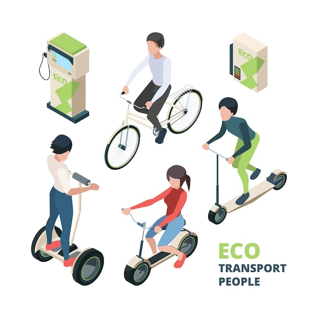 Eco vervoert mensen. 3d fiets elektrische auto stadsvoertuig fiets segway isometrische illustraties.