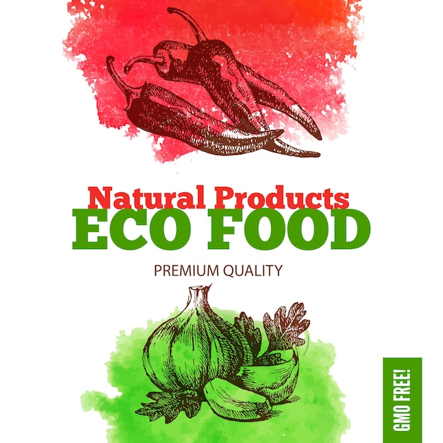Eco voedsel menu-achtergrond. aquarel en hand getrokken schets groente. vector illustratie