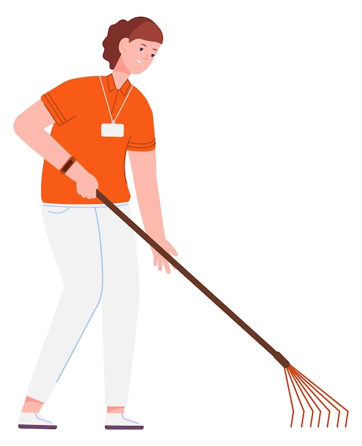 Eco volunteer cleaning ground with leaf rake young woman character