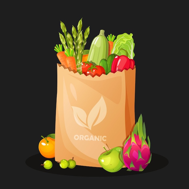 Eco-zak met fruit en groenten bevat asperges wortels appel gradong vruchten sla enz.