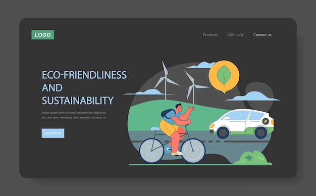 Vector ecofriendliness and sustainability concept cyclist in urban setting with electric car and wind